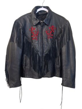 Fringed Leather Jacket w/ red rose by Unik, Vintage Biker Jacket removable liner